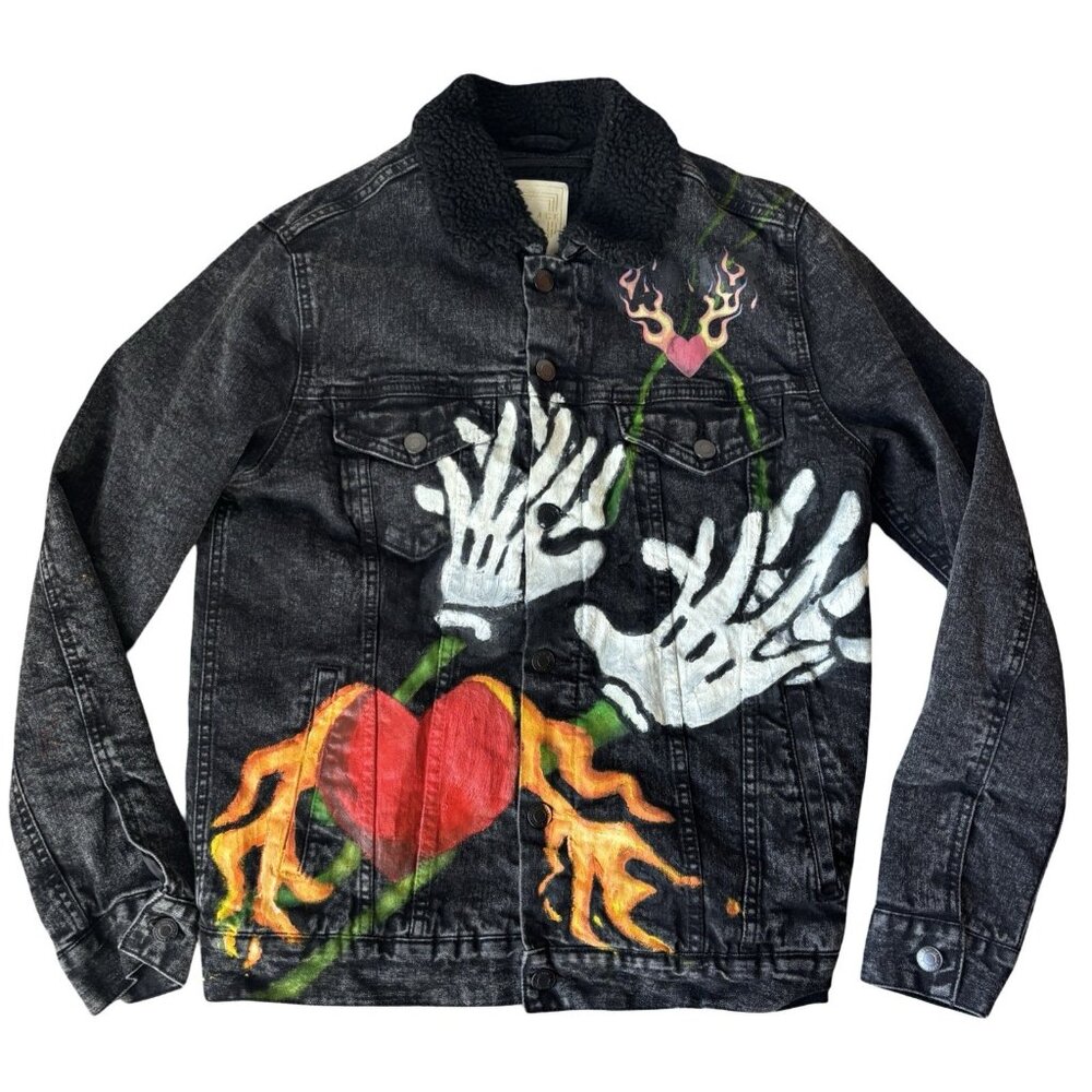 NYC Artist Custom Painted Denim Jacket Flaming Hearts Skeleton Hands OOAK Art Sm